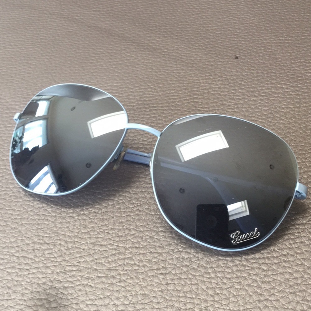 Gucci Bluish Grey Mirror Frame Logo Sunglasses